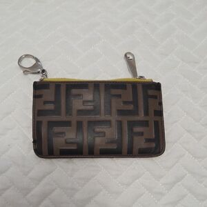 Fendi Brown Black & Yellow F Monogram Keychain Credit Card Coin Pouch